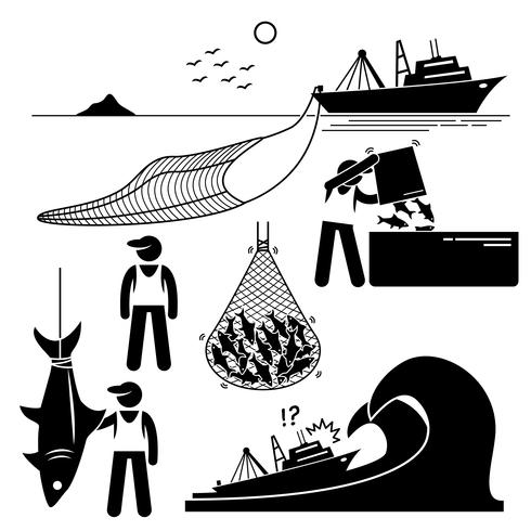 Fisherman working on fishery industry at industrial level on large boat ship. vector