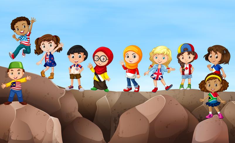 Children standing on cliff vector