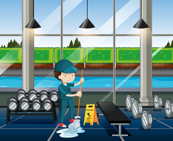 Janitor cleaning the fitness room vector