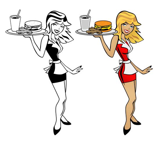 Mujer de camarera con bandeja de comida con hamburguesa, papas fritas y bebida vector de dibujos animados