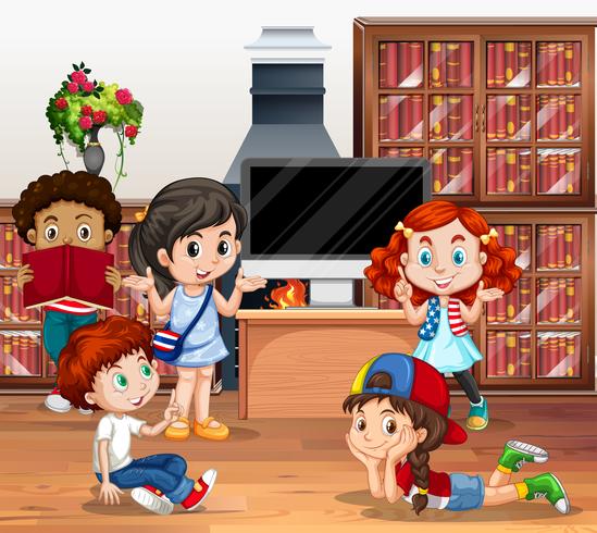 Muchos niños leyendo libros en la biblioteca. vector