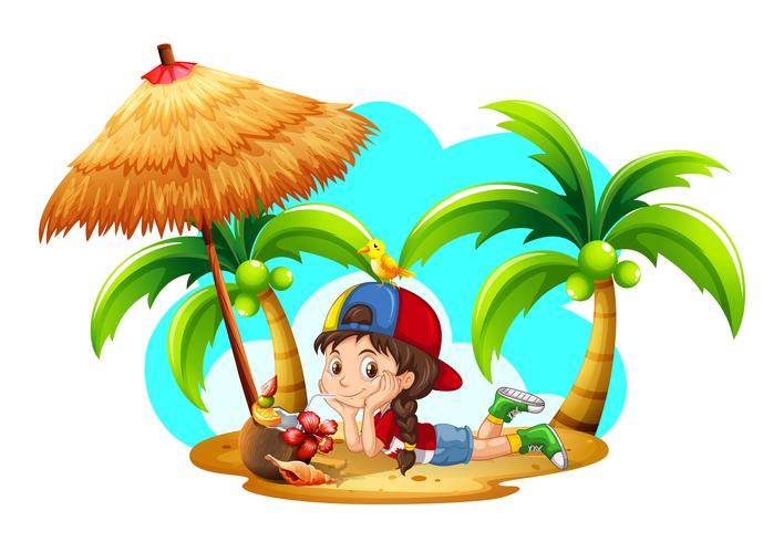 Little girl drinking coconut on the beach vector