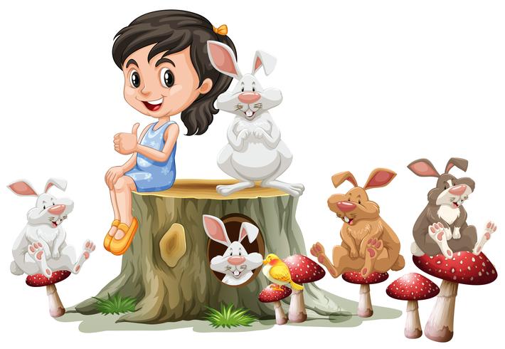 Girl and cute rabbits on log vector