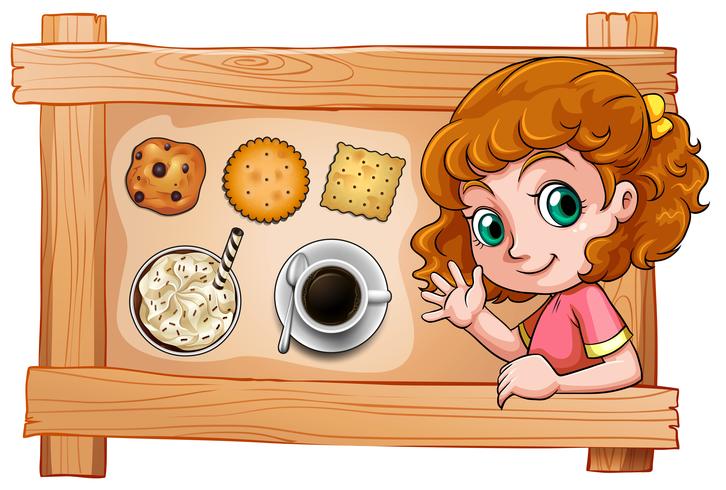 Un cuadro con una niña con bebidas y galletas. vector