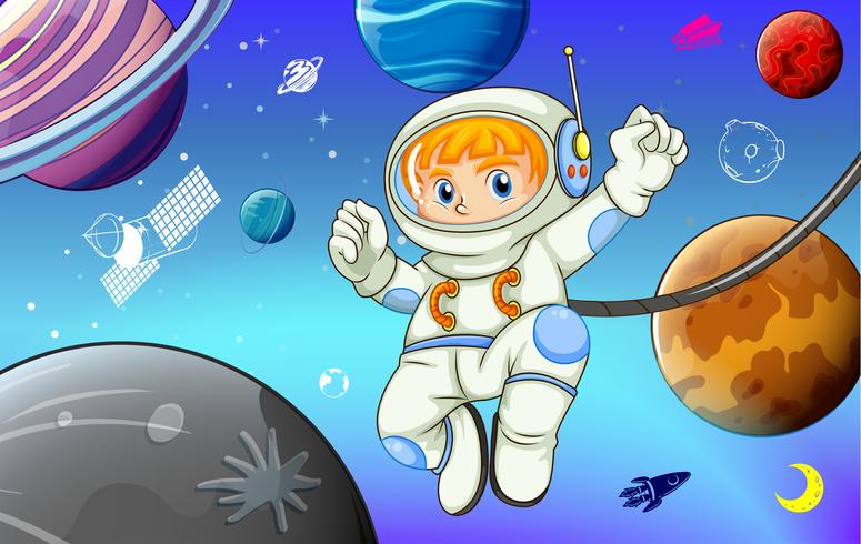 Astronauta con planetas en el espacio. vector