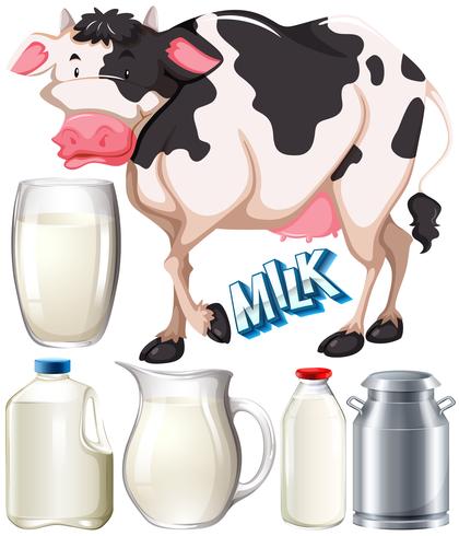 Productos lácteos con vaca y leche fresca. vector