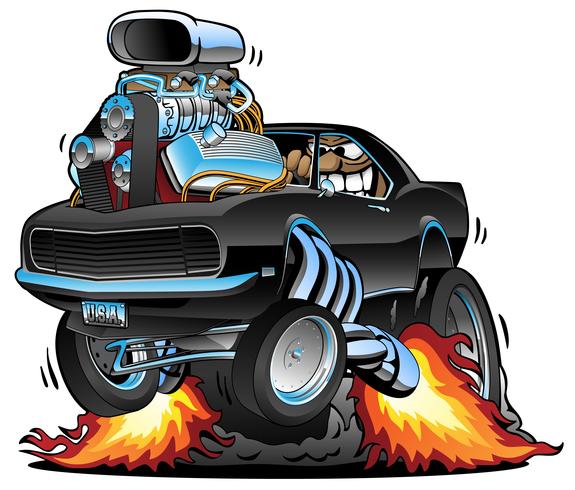 Classic Muscle Car haciendo estallar un Wheelie, enorme motor de cromo, Crazy Driver, dibujos animados vector