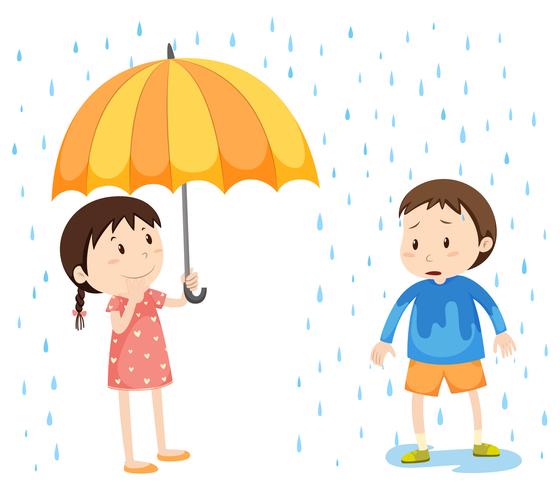 Niña y niño en la lluvia vector