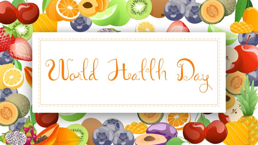 Recolección de frutas para el día mundial de la salud. vector