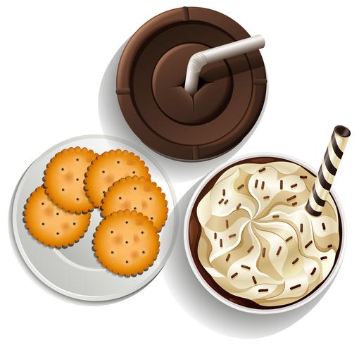 Bebidas en vasos desechables y un plato con galletas. vector