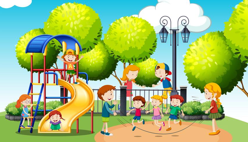 Niños jugando en el parque público. vector