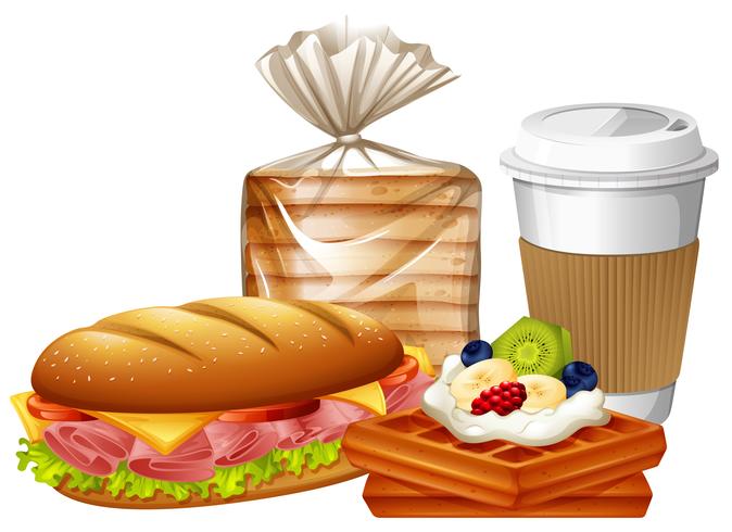 Breakfast set with waffles and bread vector