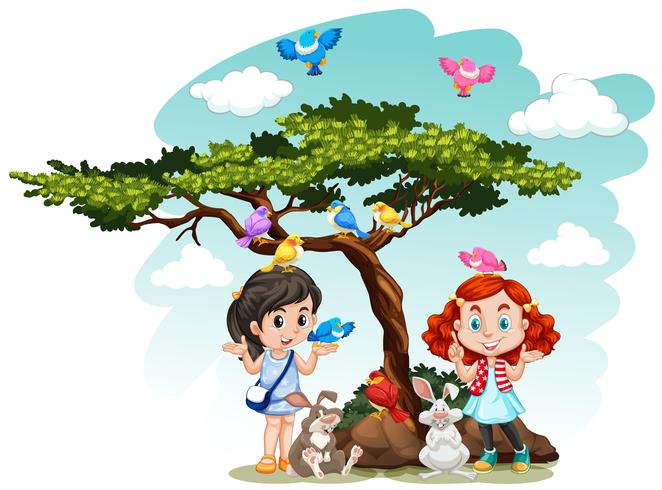 Girls standing under the tree vector