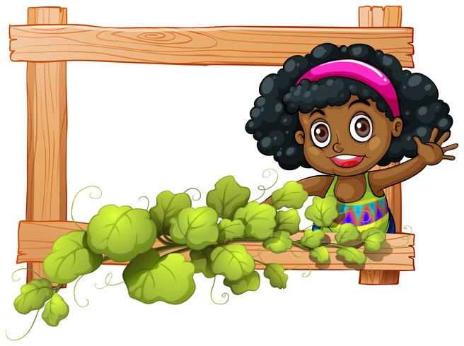 A frame with plants and a Black girl waving vector