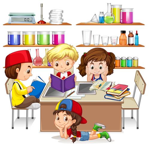 Niños leyendo y estudiando en el aula. vector