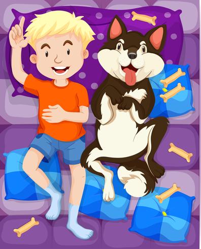 Niño durmiendo con perro en la cama vector