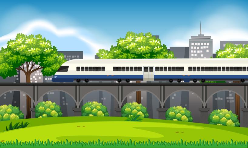 Un tren en escena de la ciudad. vector