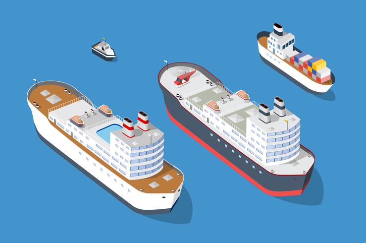 Crucero de barcos y naves de transporte náutico. vector