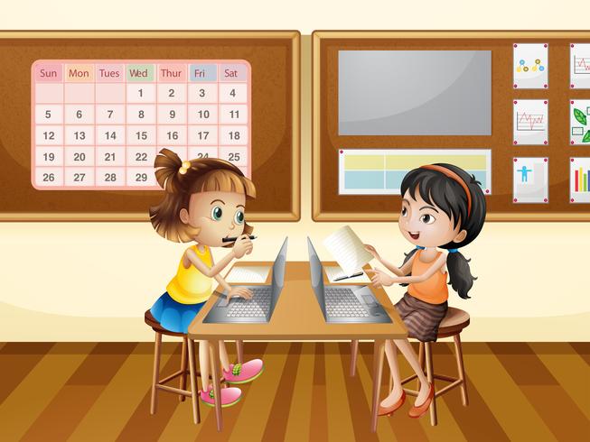 Two girls working on computer in classroom vector