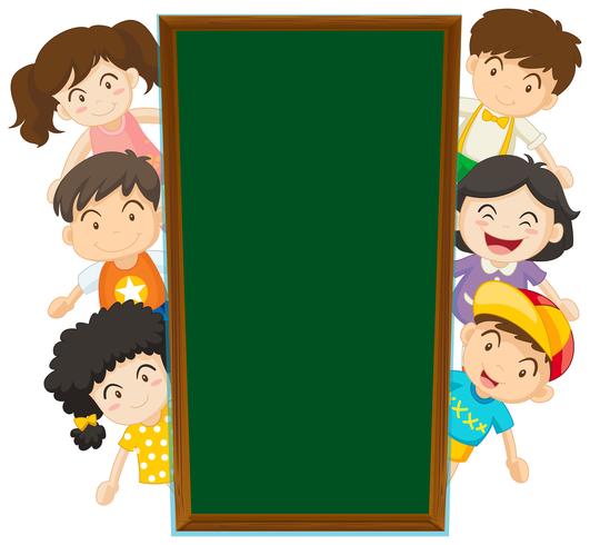 Blackboard template with happy kids in the back vector