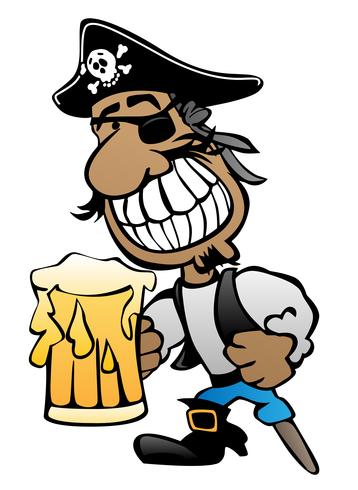 Personaje de dibujos animados pirata con peg leg, parche en el ojo y cerveza ilustración vectorial vector