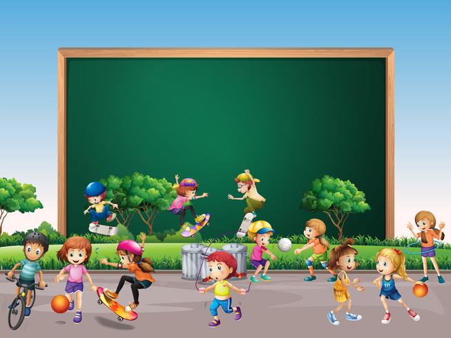 Frame design with many children play in park background vector