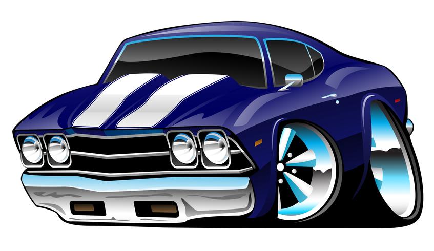 Classic American Muscle Car Cartoon, Deep Blue, Vector Illustration