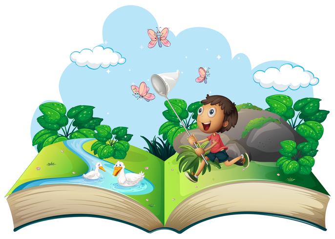 Little boy catching butterfly in the park vector