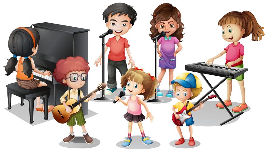 Niños tocando instrumentos y cantando. vector