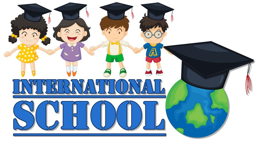 Banner de escuela internacional con cuatro hijos. vector