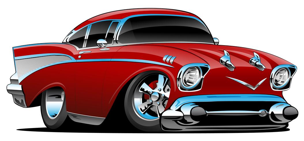 Coche clásico de musculosos de hot rod 57, perfil bajo, llantas y llantas grandes, rojo manzana dulce, ilustración vectorial de dibujos animados vector