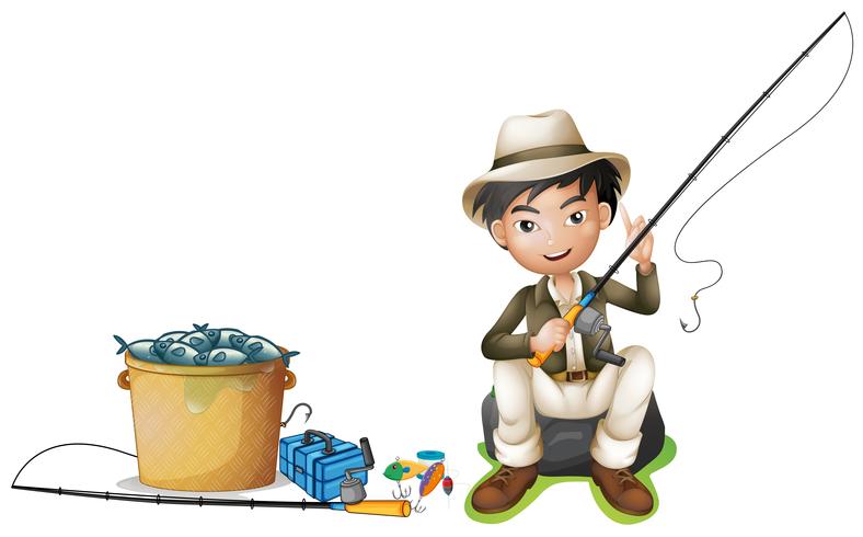 Man with fishing pole and bucket of fish vector