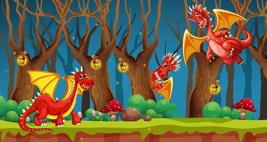 Red dragon in fairy tale forest vector