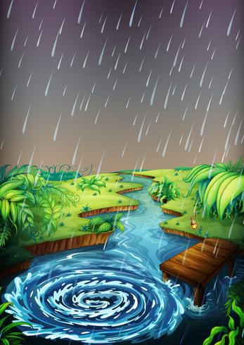 Escena del río con lluvia cayendo vector