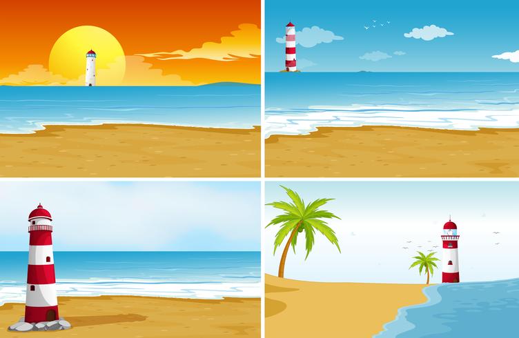 Cuatro escenas de fondo con playa y mar. vector