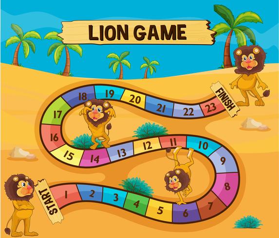 Plantilla de juego de mesa con leones en el desierto. vector