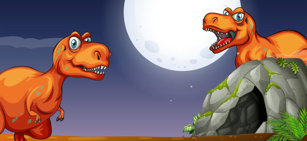 Two T-Rex by the cave at night vector