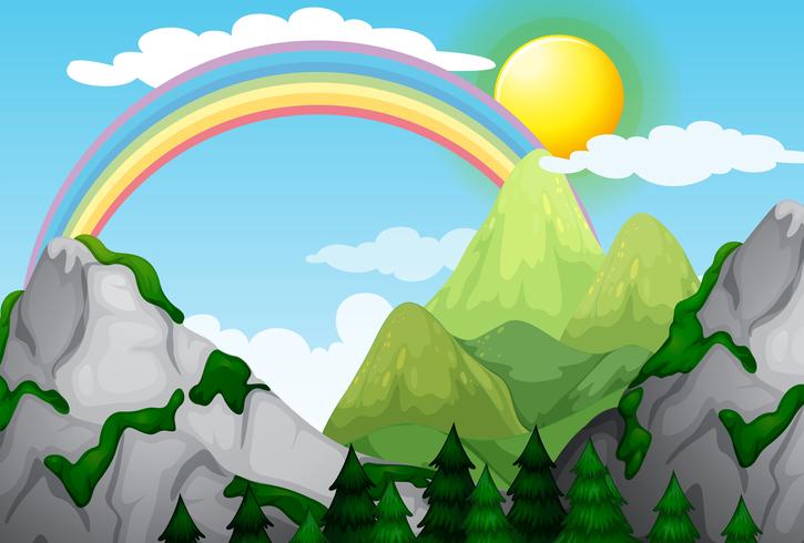 Un hermoso paisaje de montaña y arco iris vector