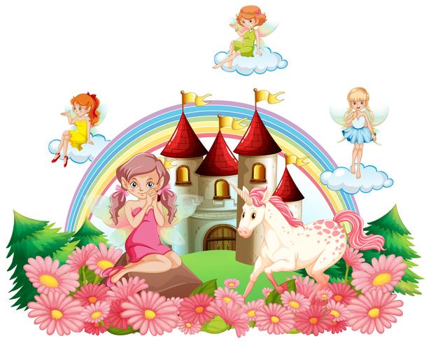 Fairies and unicorn at the palace garden vector