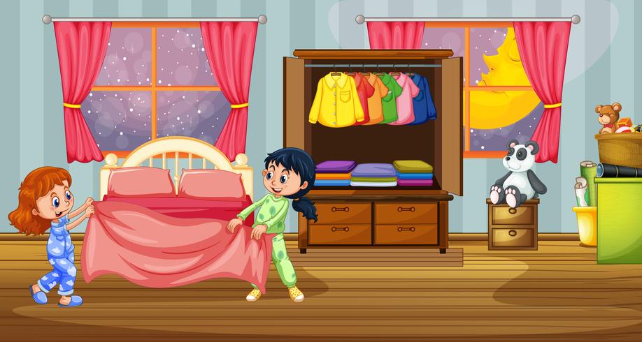 Girls in pajamas at bedroom vector