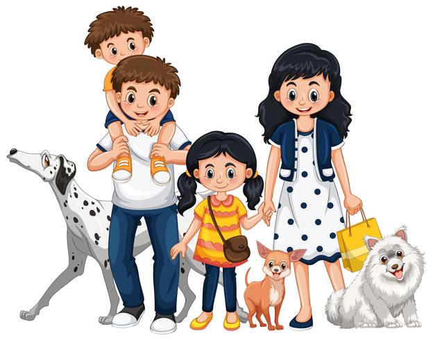 Familia con dos hijos y tres perros. vector