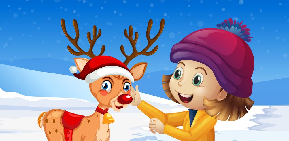 A girl playing with deer in snow background vector