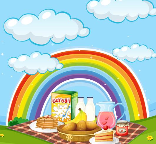 Different types of breakfast in the field with rainbow in background vector