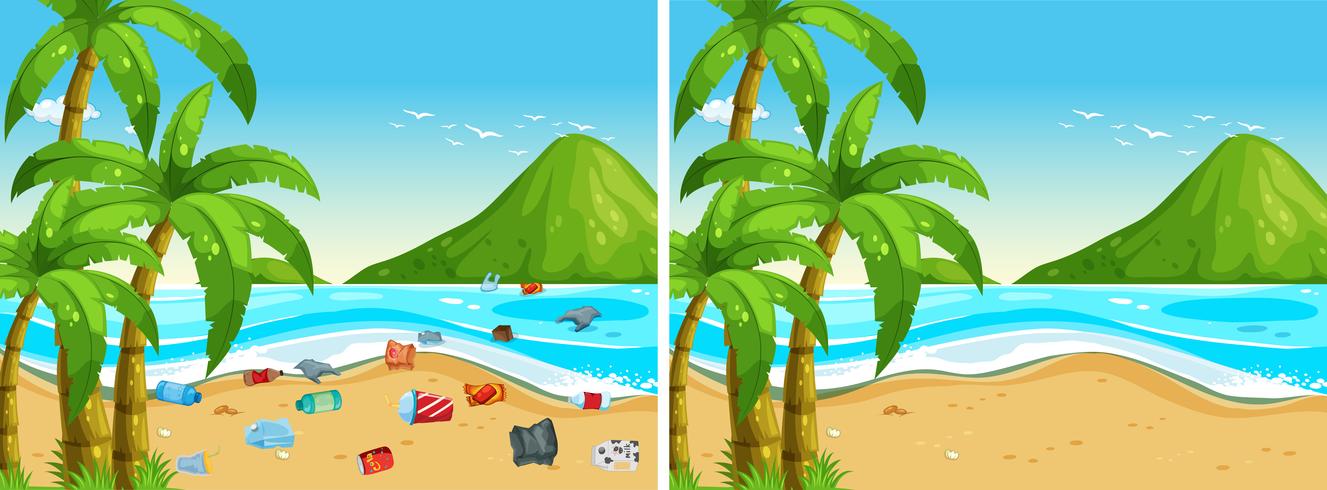 Antes y después de la limpieza de la playa vector