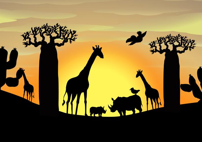 Escena de fondo con animales salvajes en el campo. vector