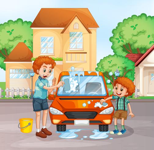 Father and boy washing car vector