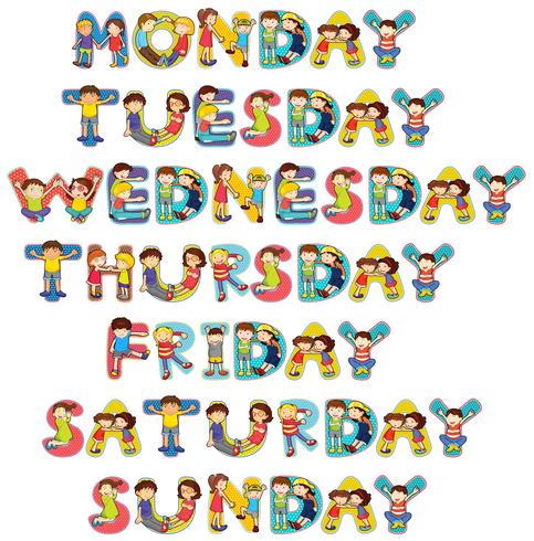 Font design for seven days of the week with kids vector