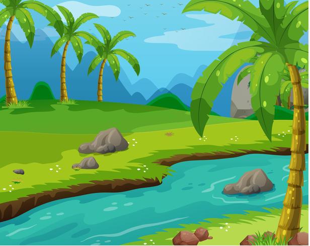 Escena con río por el campo. vector