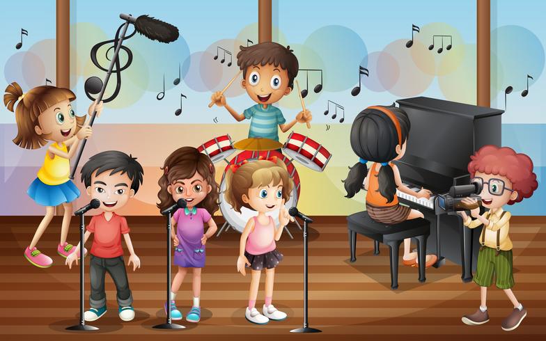 Boy shooting friends singing in the concert vector