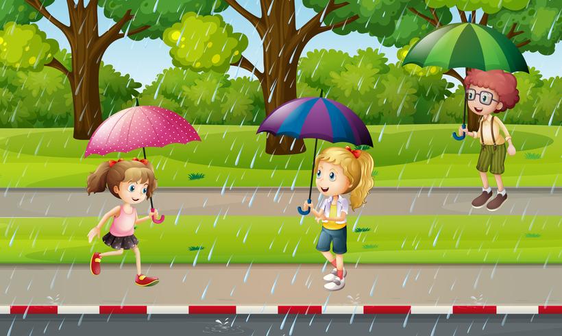 Escena del parque con niños bajo la lluvia. vector